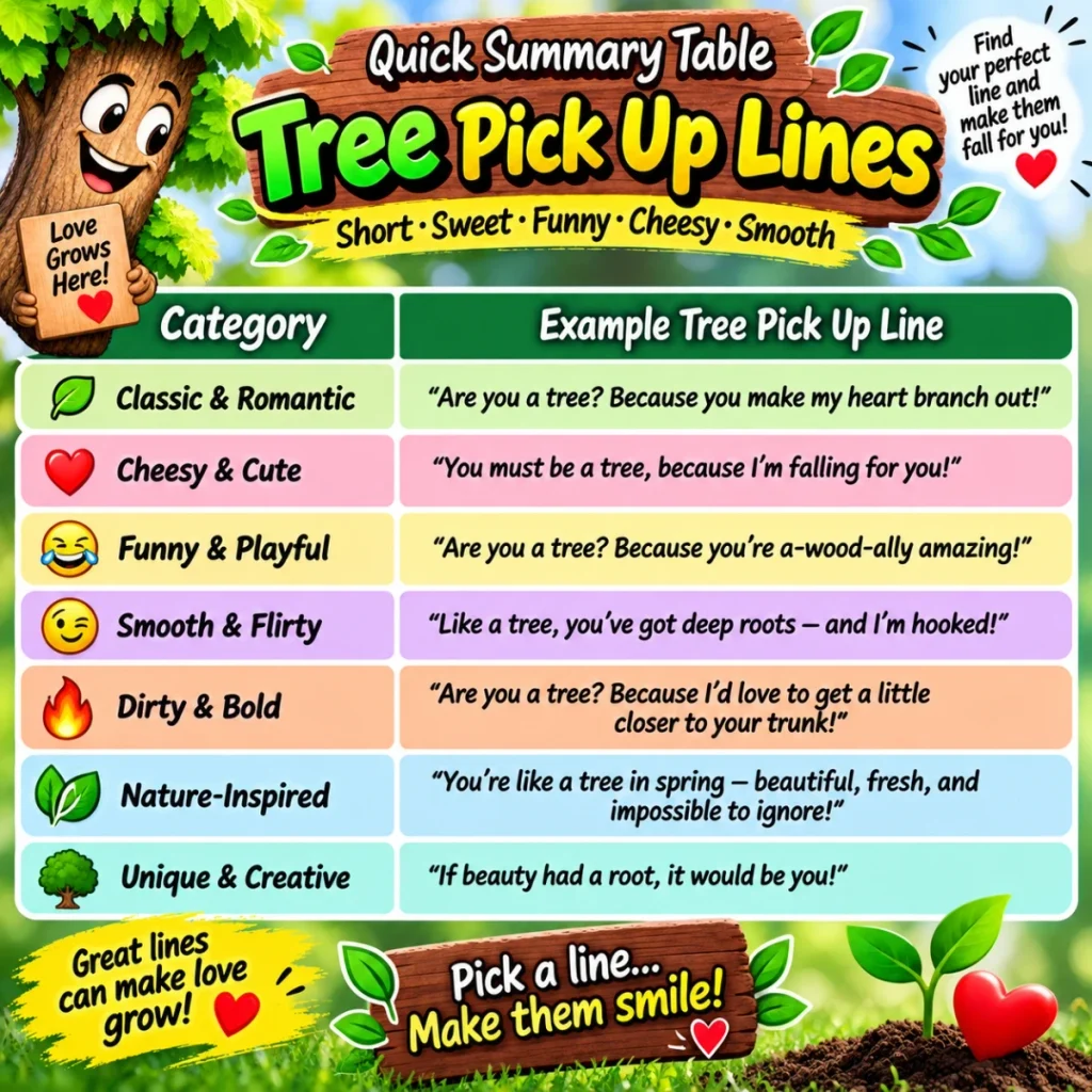 Quick Summary Table Tree Pick Up Lines